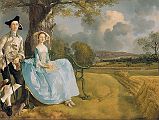 London National Gallery Next 20 16 Thomas Gainsborough - Mr and Mrs Andrews Thomas Gainsborough  Mr. and Mrs. Andrews, 1748-9, 70 x 119 cm. The church whose tower is seen in the centre background is St. Peters, Sudbury, where Robert Andrews and Frances Mary Carter were married in 1748. Mr. Andrews nonchalantly has his gun under his arm. Mrs. Andrews, ramrod straight and neatly composed, has a space in her lap that may have been meant to hold a book or a bird her husband had shot. Gainsborough beautifully paints the gold and green of fields and woodland, the supple curves of fertile land meeting the stately clouds. The acid blue hooped skirt almost, but not quite, rhymes with the curved bench back, her silk shoes point like the bench seat, while Mr. Andrewss substantial shoes point like the tree roots.